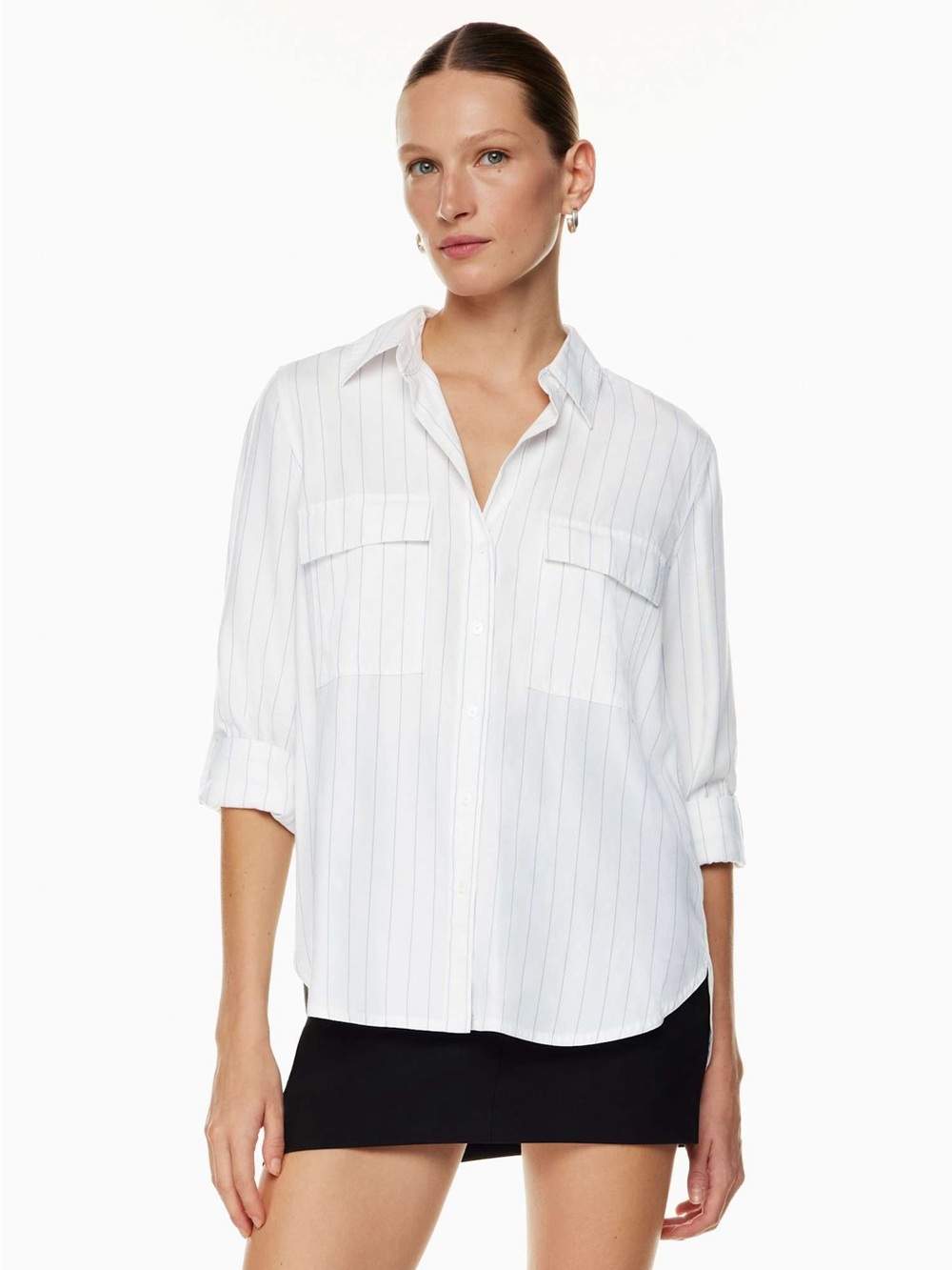 Babaton Utility Shirt White with Thin Navy Pinstripes